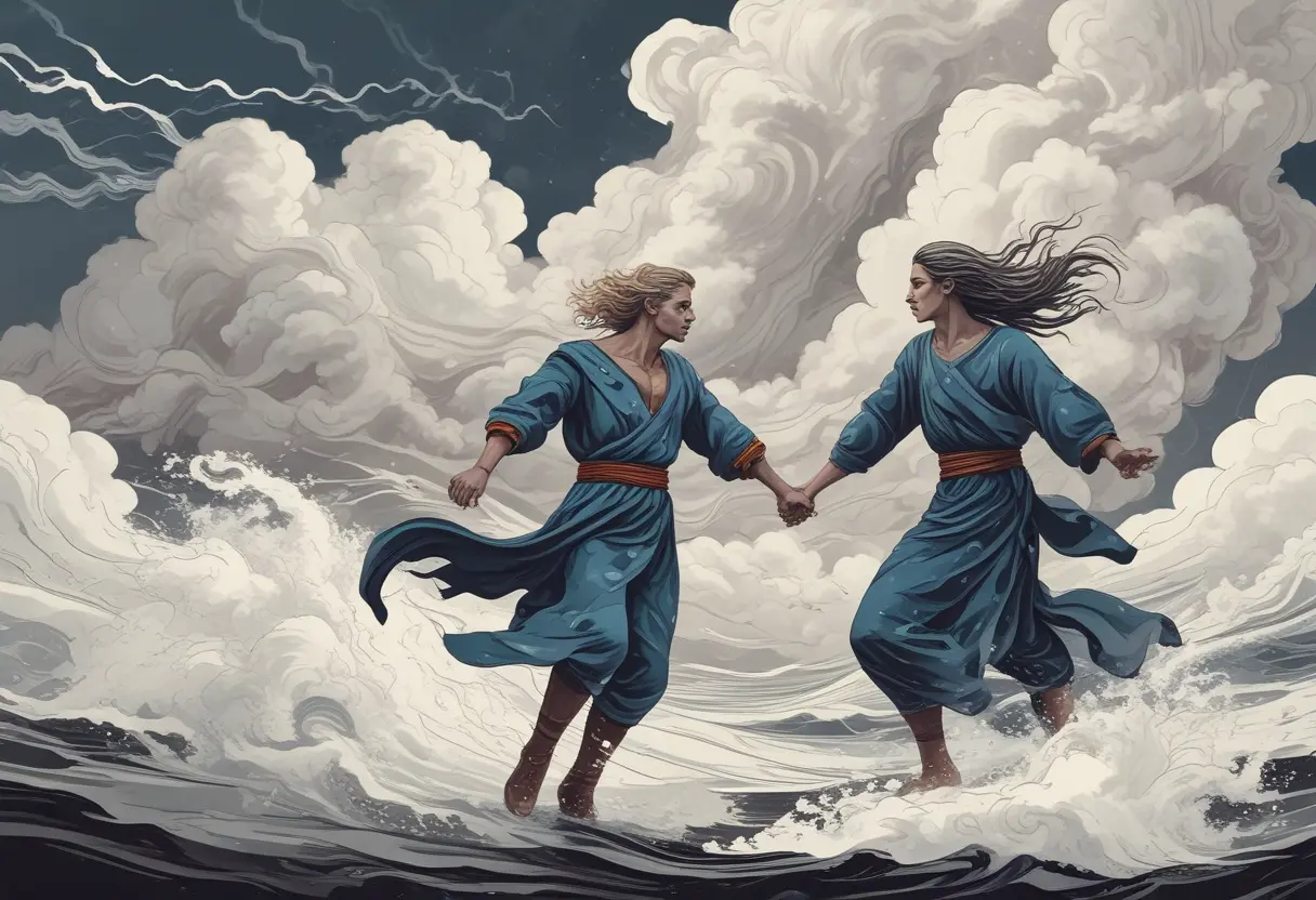 A couple facing a storm together, symbolizing Libra and Sagittarius overcoming challenges